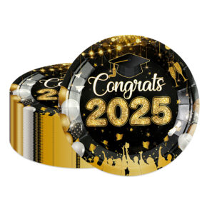 50 7-inch graduation paper plates 1 (6) Graduation Season Paper Plates with Luxe Black and Gold "Congrats 2025" Motif