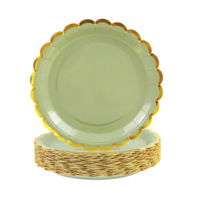 50-Piece 7-Inch Lace-Foiled Sage Green Paper Plates 1 (1) Sage Green Hot Stamping Paper Plates Accented with Refined Gold Edges