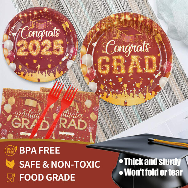 64-piece graduation season dark red paper plate set 1