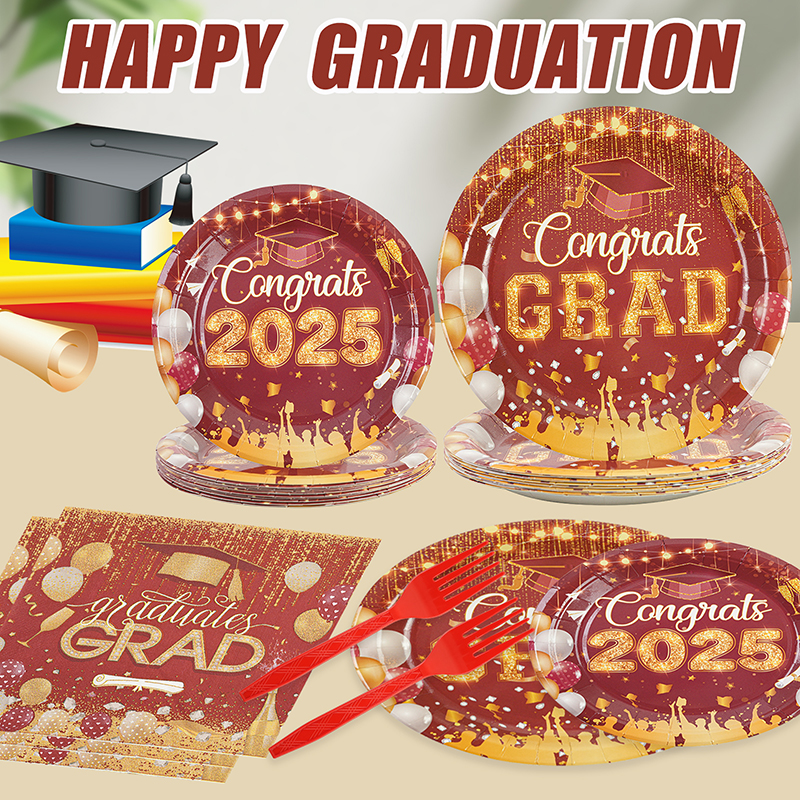 64-piece graduation season dark red paper plate set