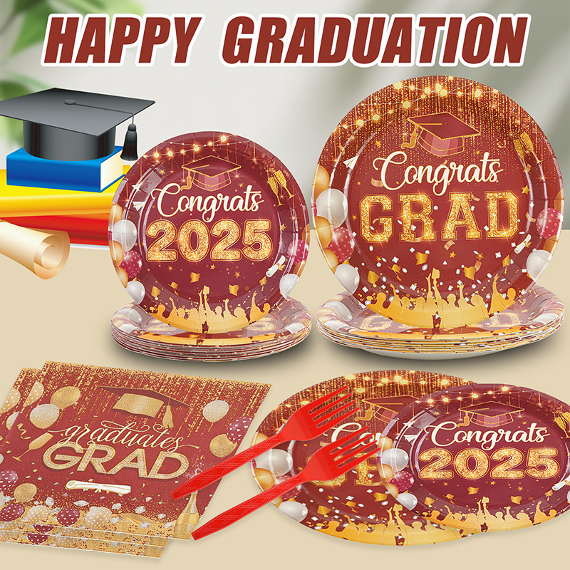 64-piece graduation season dark red paper plate set