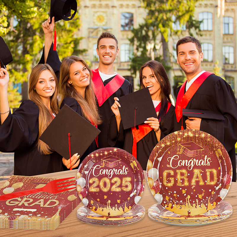64-piece graduation season dark red paper plate set