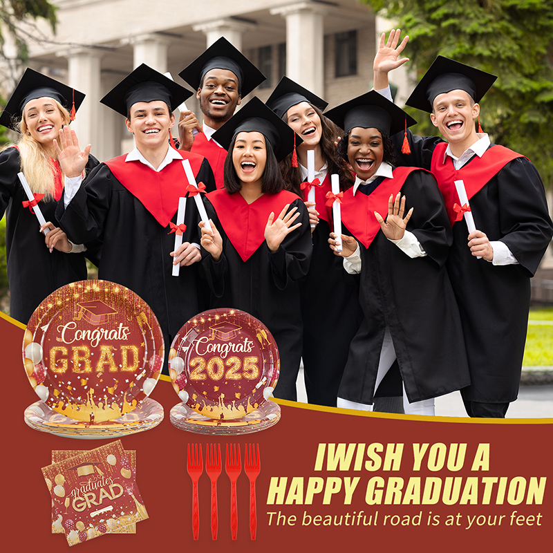 64-piece graduation season dark red paper plate set