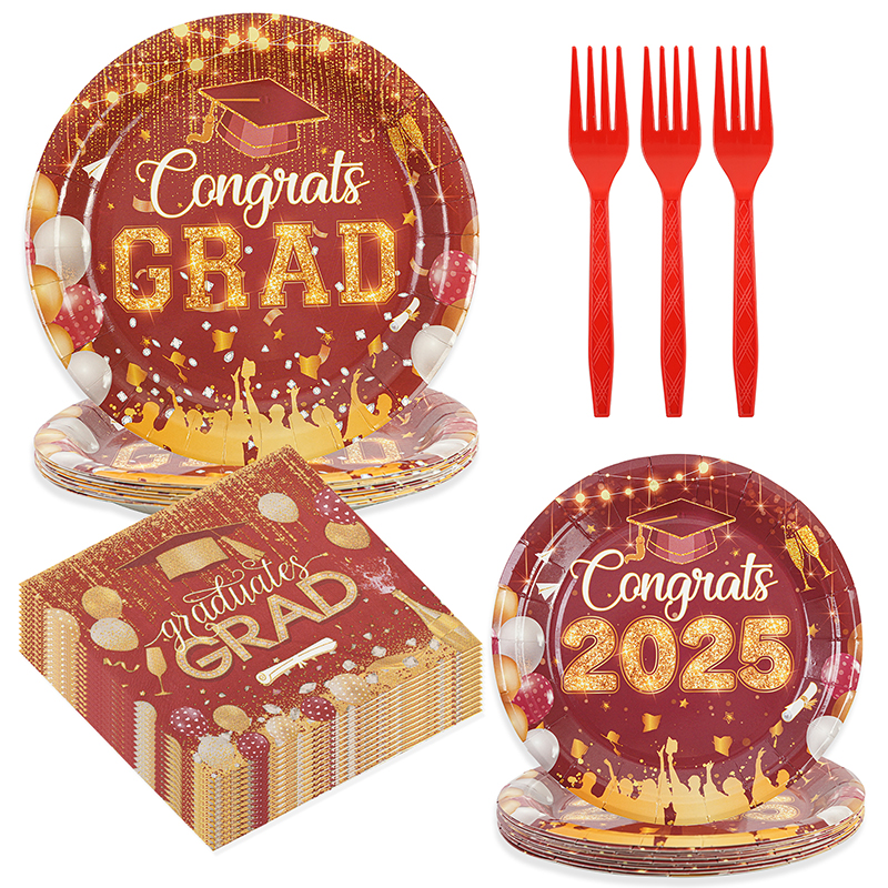64-piece graduation season dark red paper plate set
