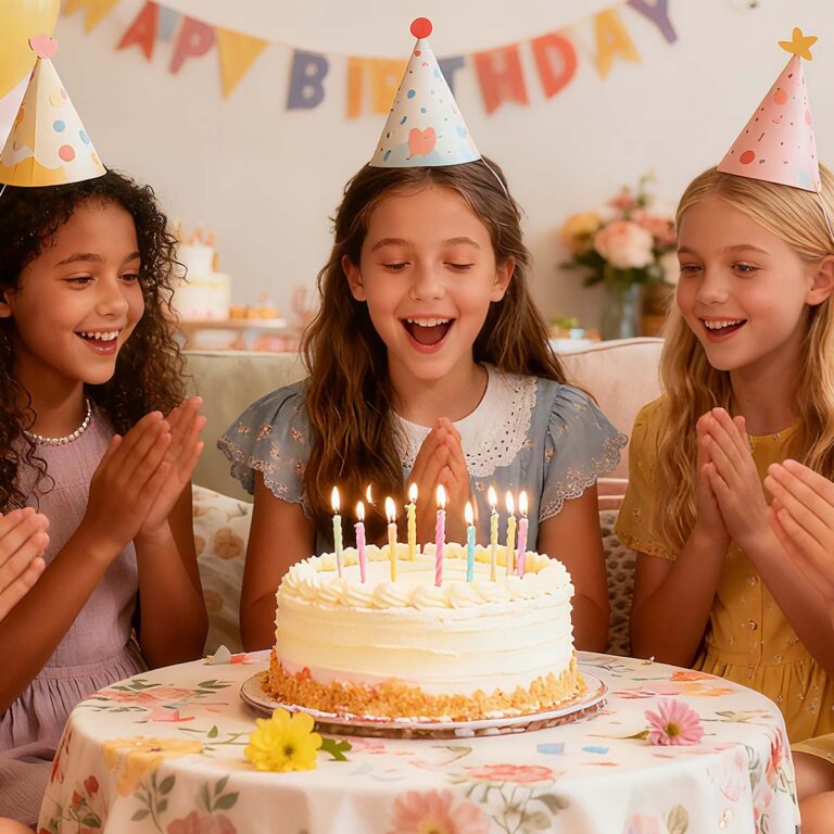 Three girls wearing party hats are celebrating a birthday