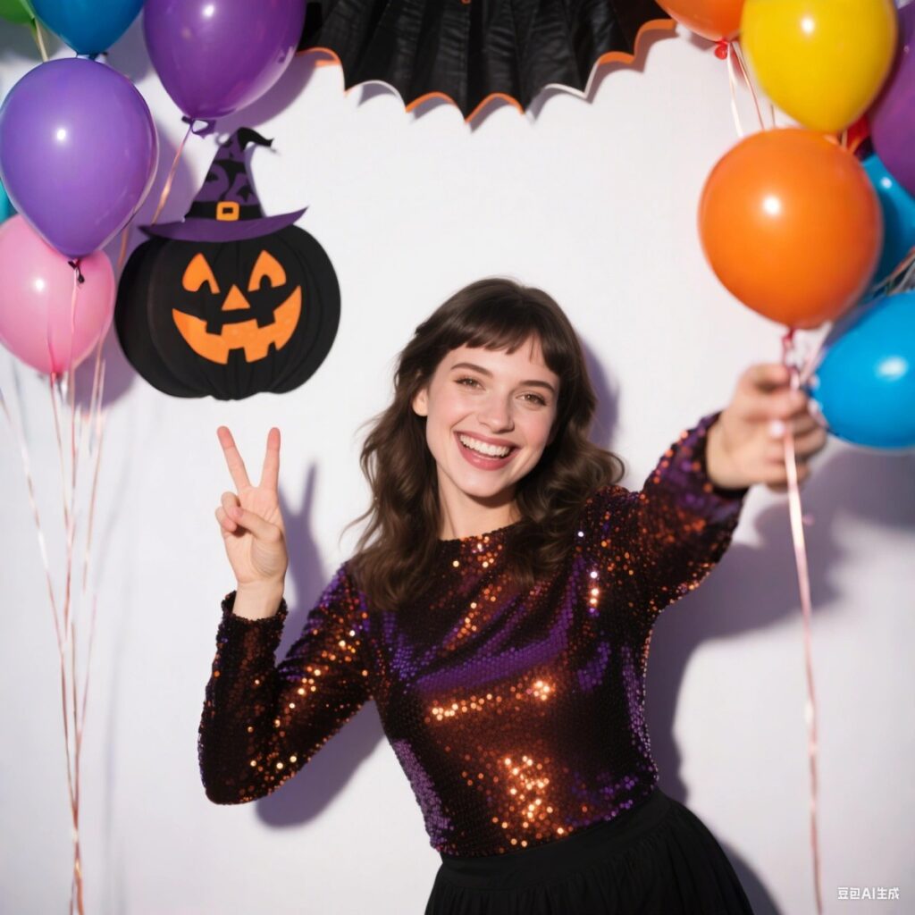 A woman in a sequined top holding colorful balloons at a Halloween party.