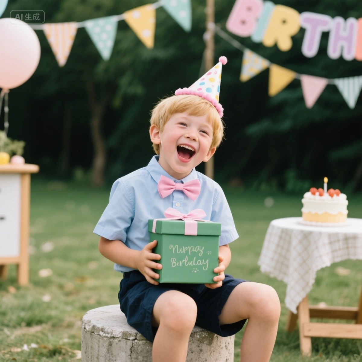 A young boy, wearing a party hat and a pink bow tie, is joyfully holding a "Happy Birthday" gift box.