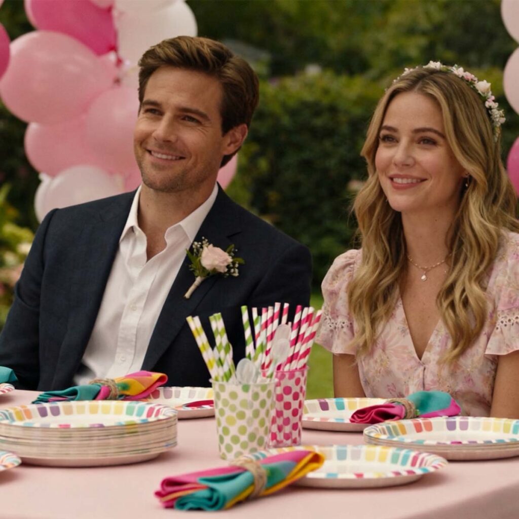 A couple is smiling at a wedding party, with colorful party supplies on the table and pink balloons in the background.